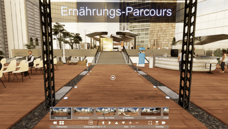 Screenshot virtueller 3D Ernährungsparcours (Virtual Tours), eine Online Maßnahme in der Betrieblichen Gesundheitsförderung vom Institut für Betriebliche Gesundheitsberatung