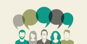 Eine Illustration mit fünf Personen, in den IFBG-Farben, die über sich jeweils eine Sprechblase in einer anderen Farbe haben.